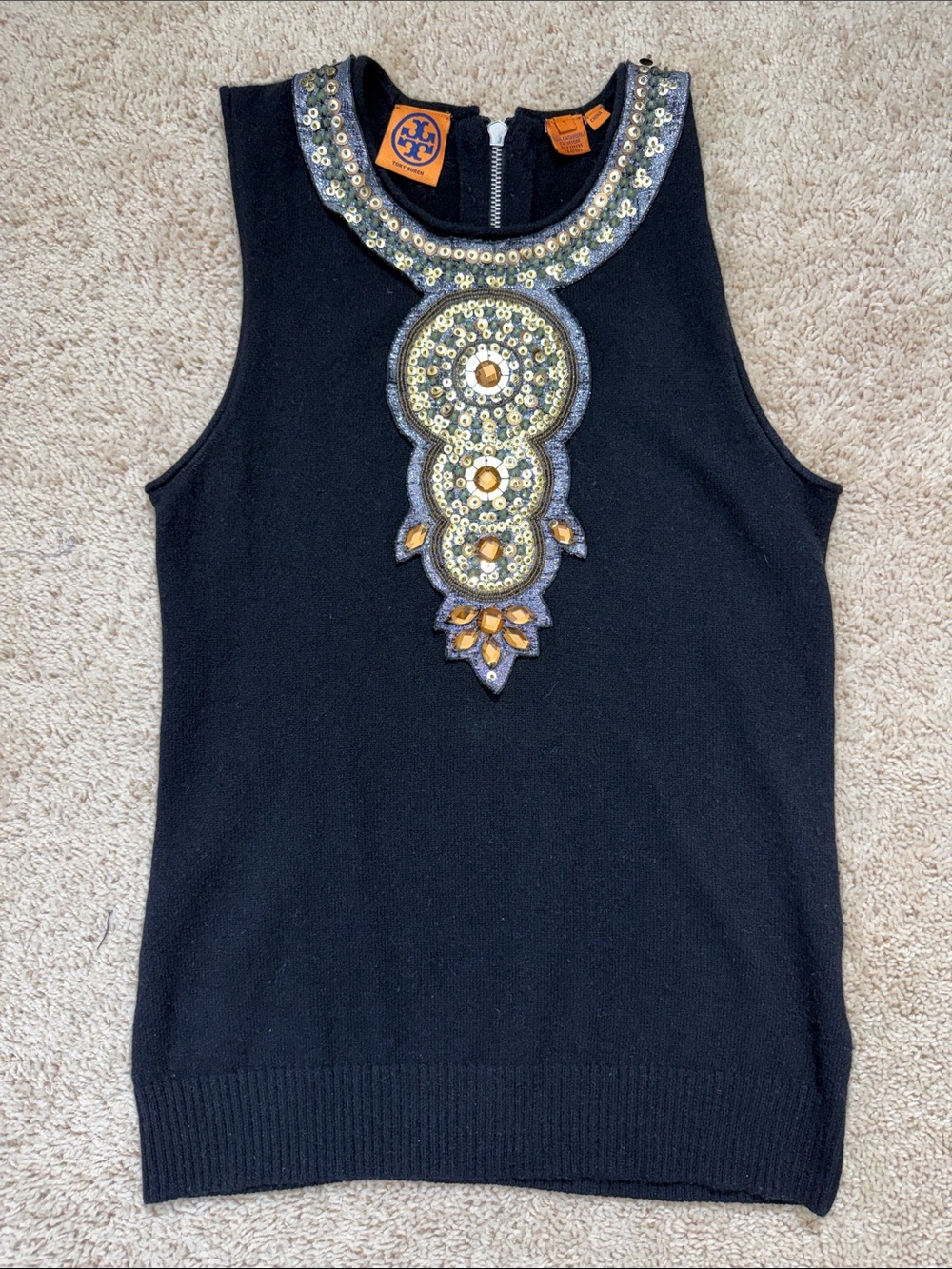 Tory Burch Black Sleeveless Embellished Knit Top